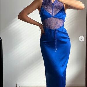 Ginia Blue Backless Silk Lace midi Dress